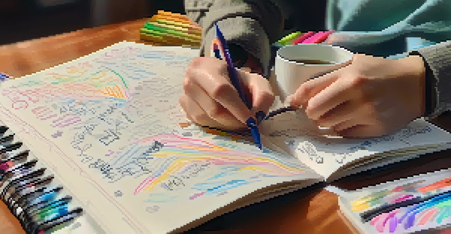 A close-up of hands writing in a journal, surrounded by colorful pens and a cup of tea in a warm, cozy setting.