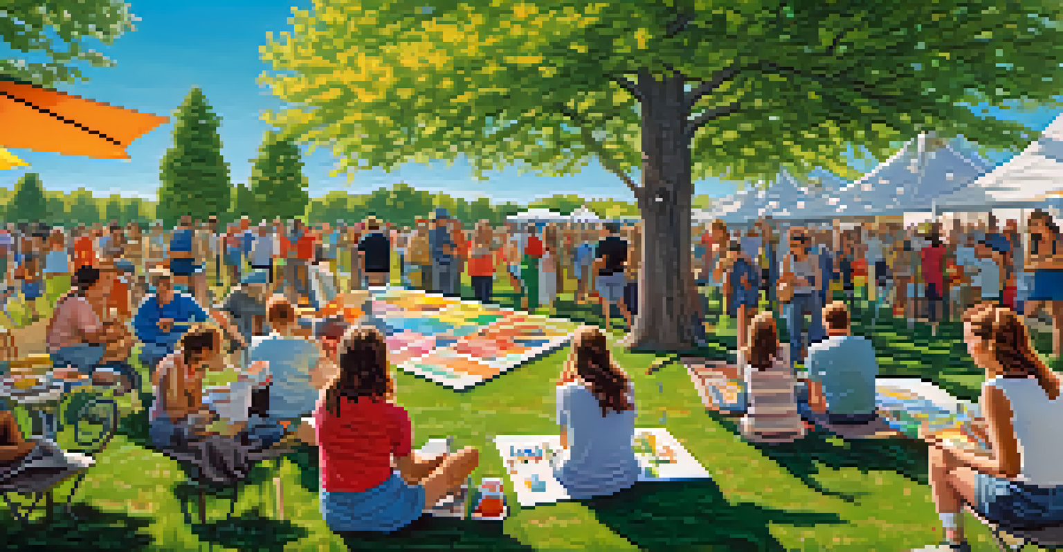 An outdoor community art event in a park with artists collaborating on a large mural, surrounded by spectators and trees.