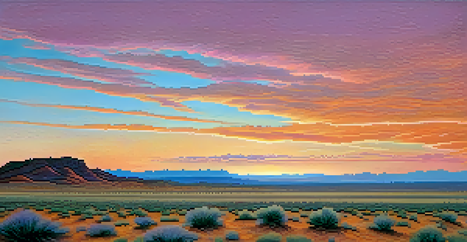 A peaceful New Mexico desert landscape at sunset, with colorful skies and gentle hills.