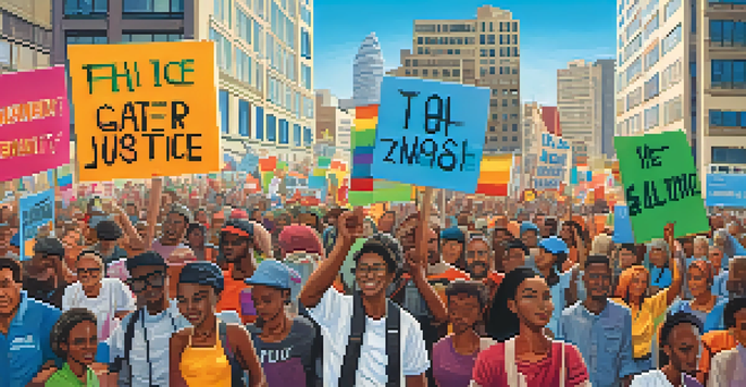 A group of diverse activists holding colorful signs in an urban setting, advocating for equality and justice.