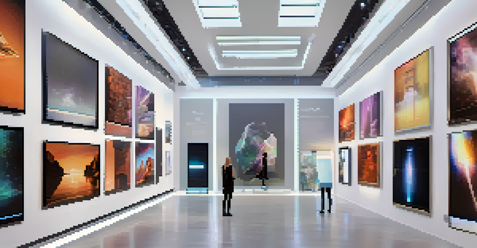 A futuristic virtual gallery showcasing NFT artworks in a modern 3D space with ambient lighting.