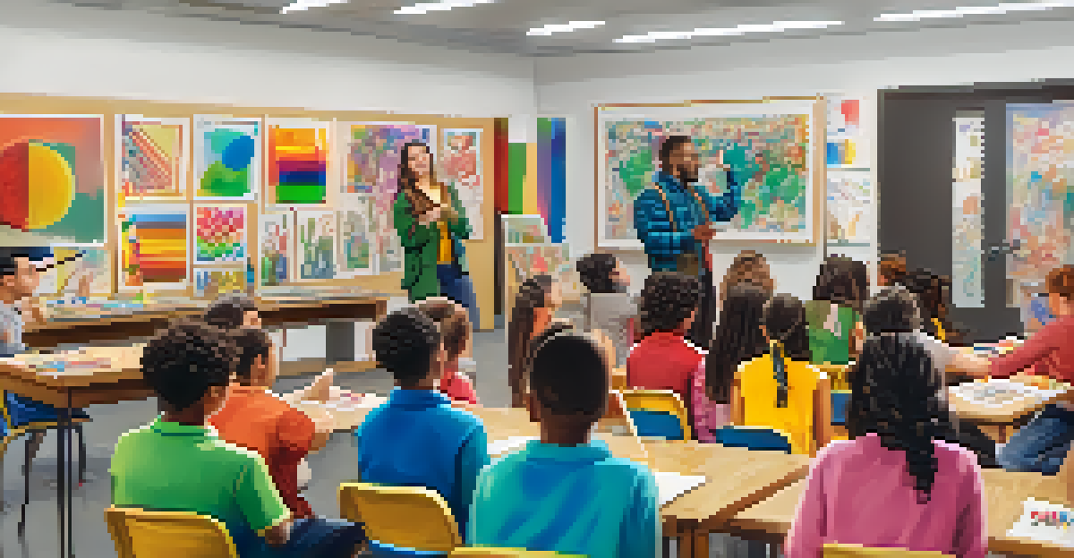 An art teacher using sign language to demonstrate painting techniques in a classroom filled with engaged students and colorful art supplies.