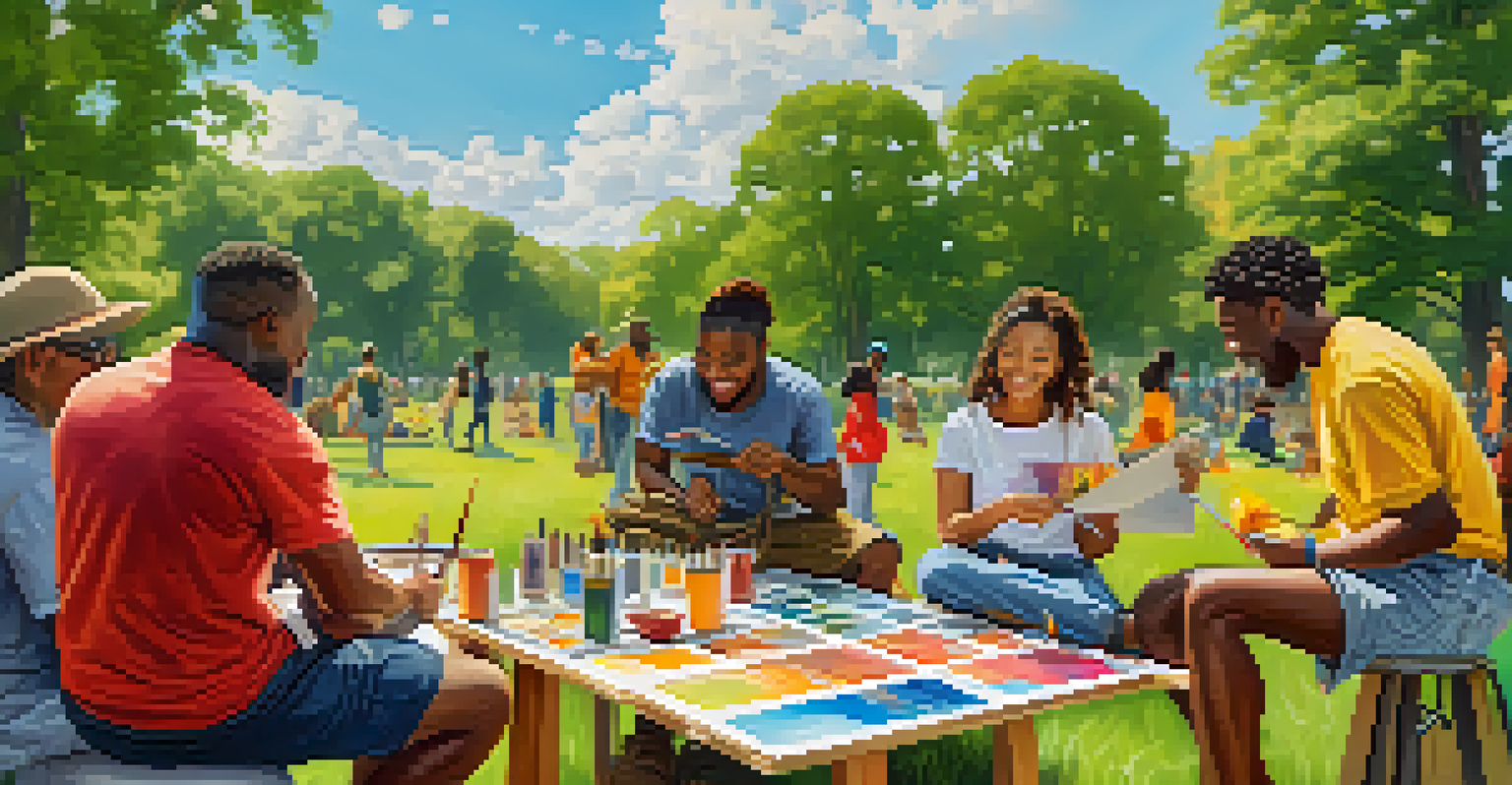 A diverse group of people painting together in a park, enjoying a collaborative artistic experience.
