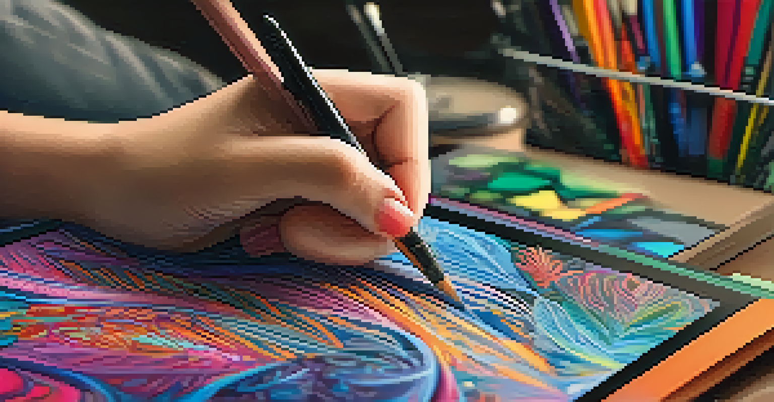 A close-up of a student's hands using a digital art tablet to create colorful designs in a cozy workspace filled with art supplies.