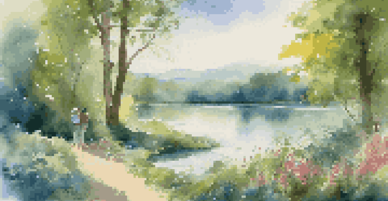 An artist painting a serene landscape with lush greenery and flowers, with dappled sunlight creating a play of light and shade.
