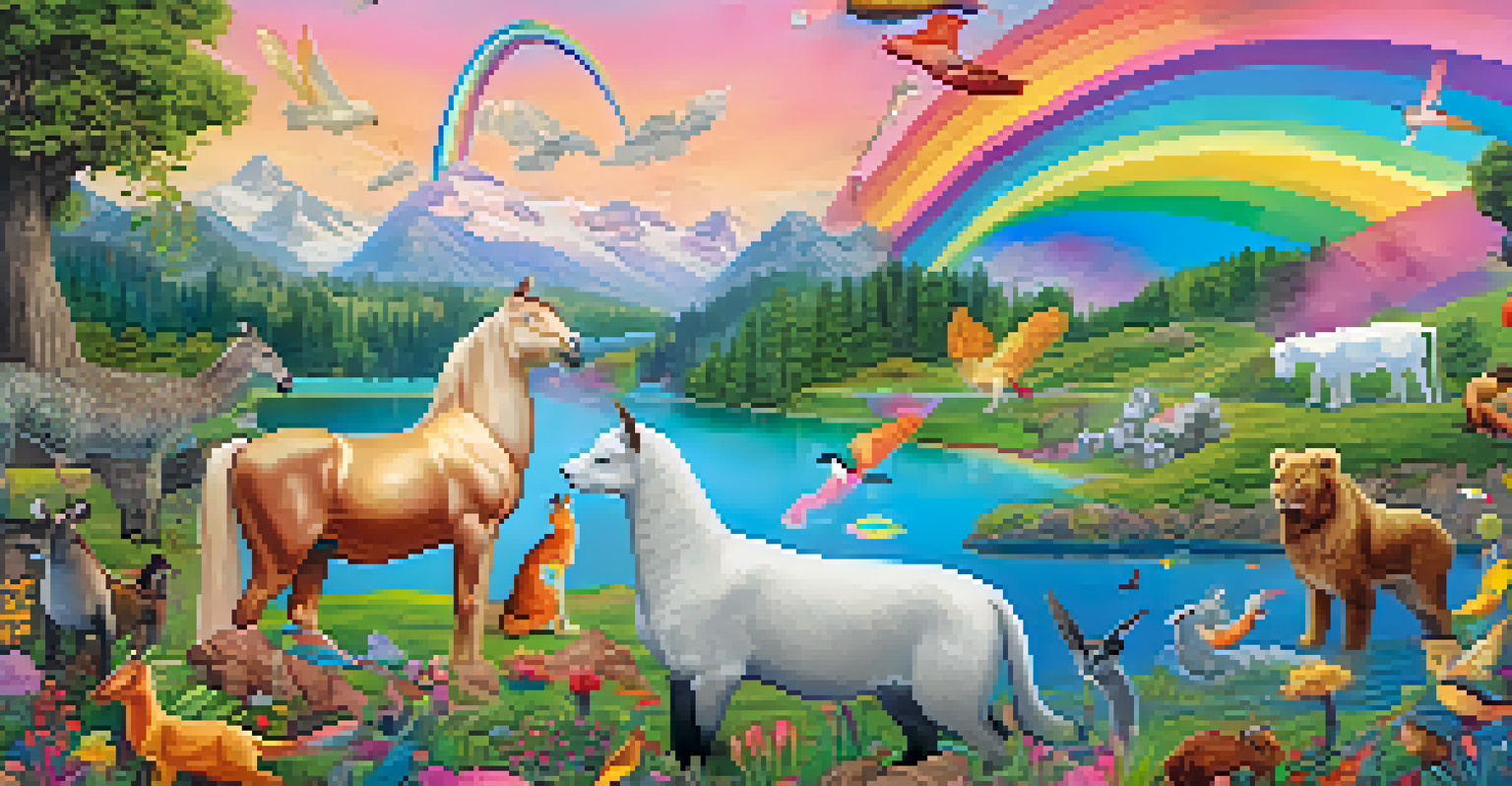 A surreal landscape with gender symbols transformed into colorful plants and animals, set against a rainbow sky.