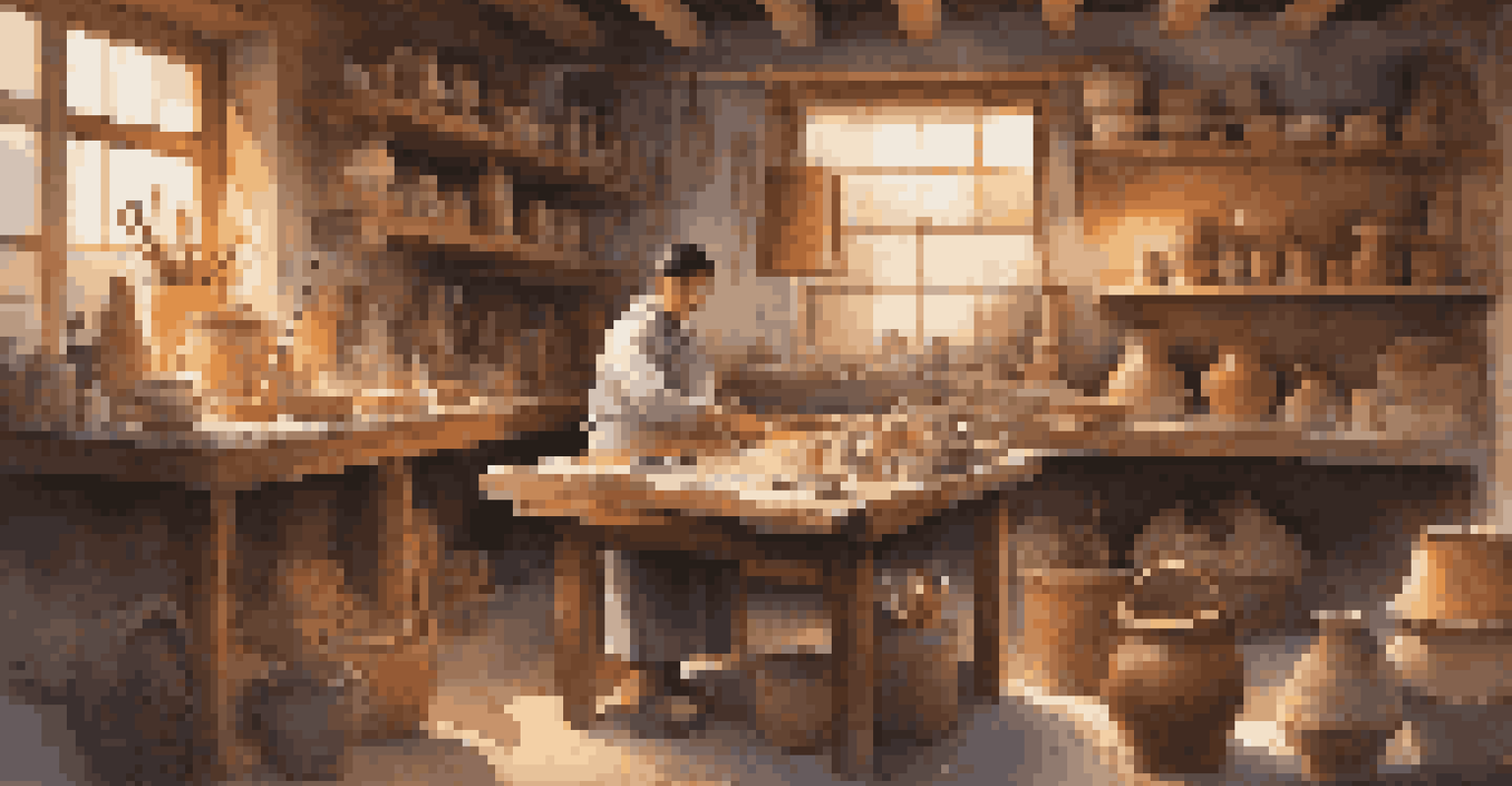 An artist working in a workshop filled with traditional art materials, illuminated by warm light, creating a cultural piece.