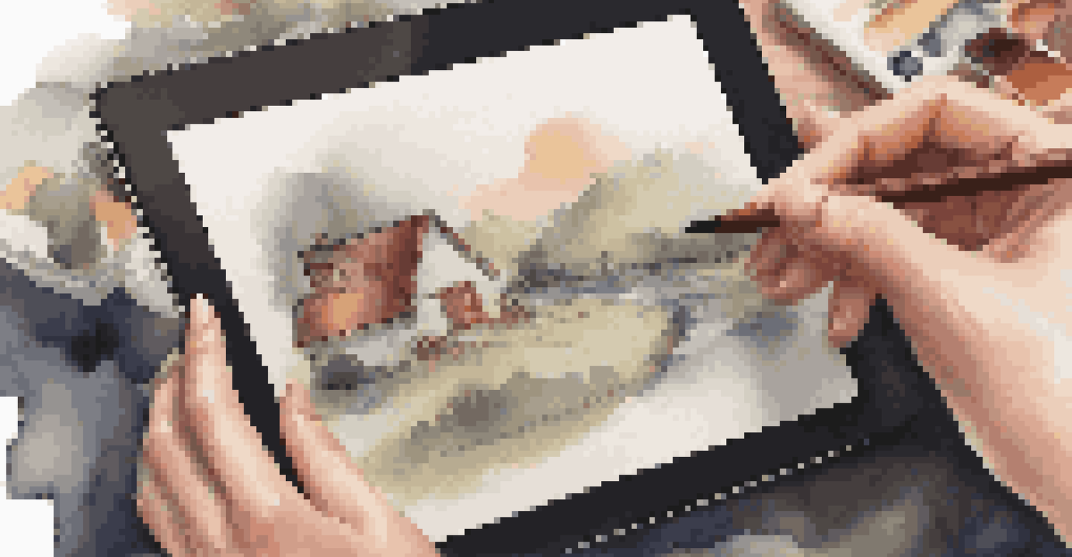A close-up of a hand holding a digital tablet showing an artistic creation, with art supplies in the background.