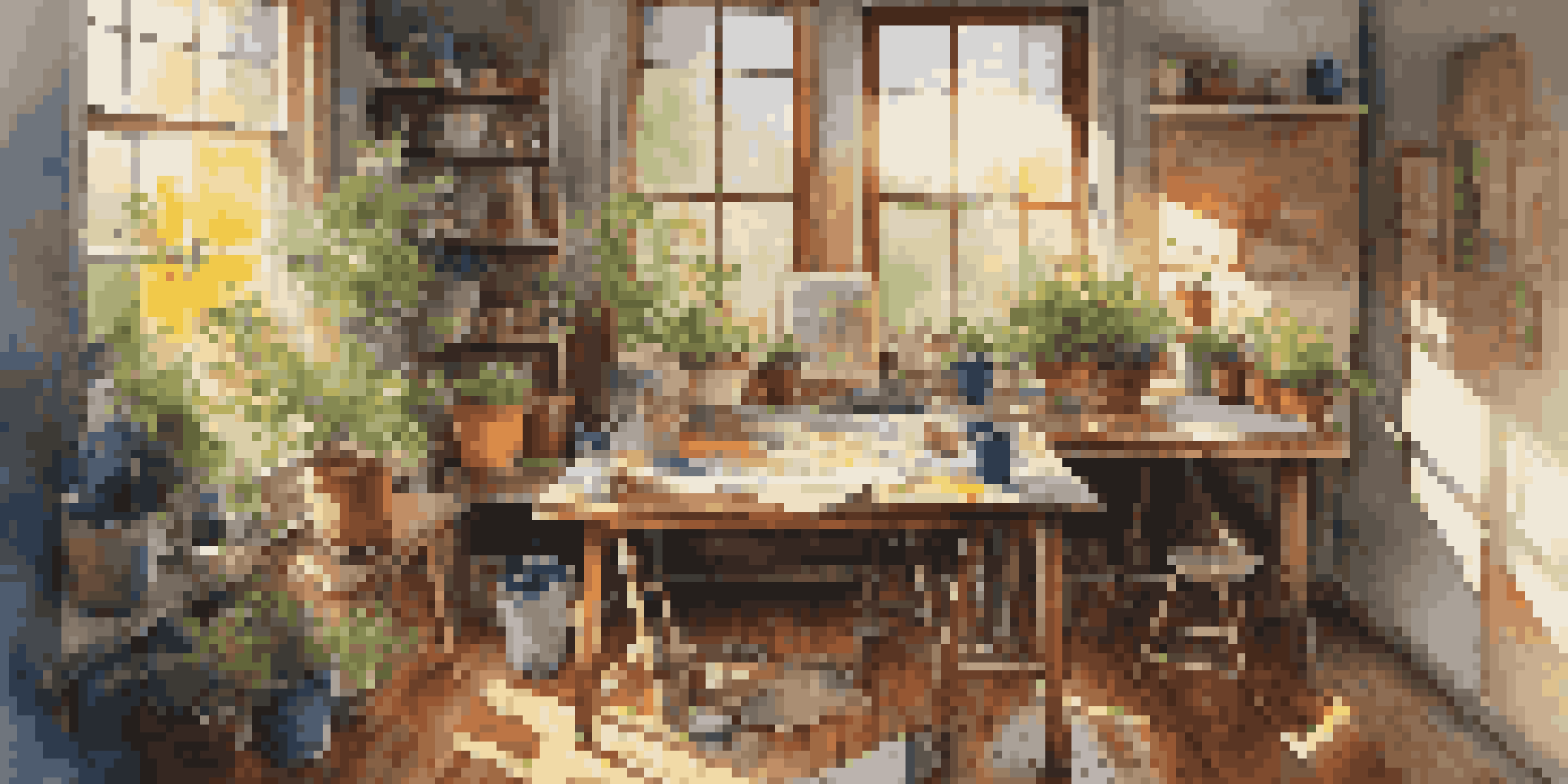 A bright artist's studio with a partially completed painting on a canvas, sunlight streaming in, and art supplies scattered around.