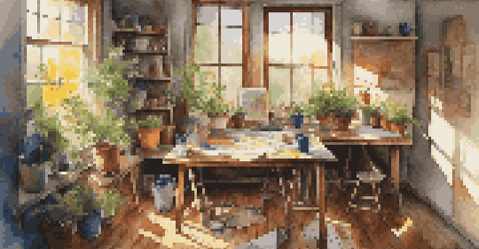 A bright artist's studio with a partially completed painting on a canvas, sunlight streaming in, and art supplies scattered around.