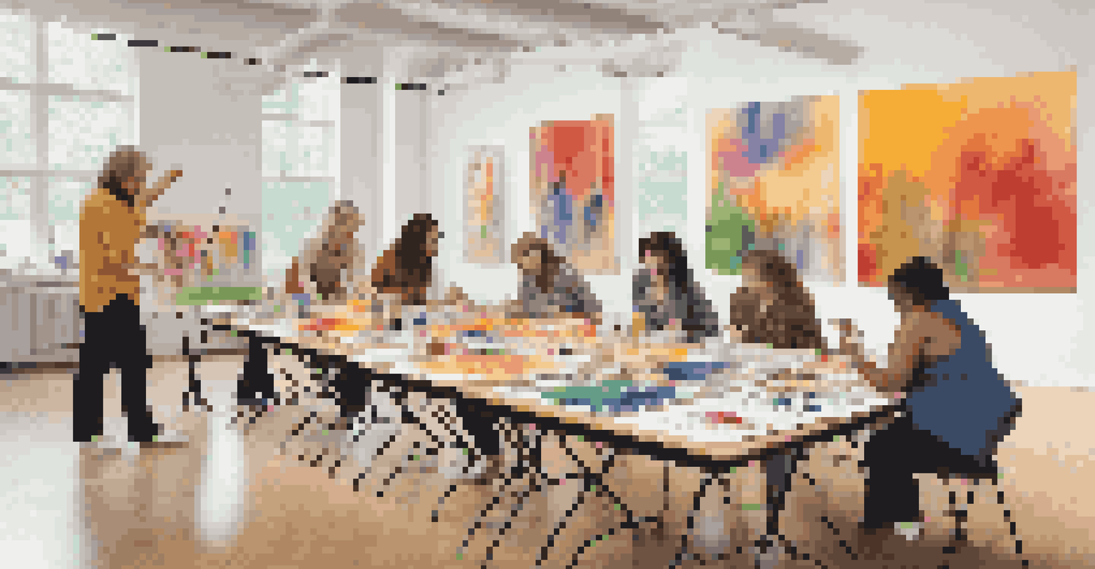 A group art therapy session in a bright room, with participants using warm and cool colors on their canvases and discussing emotions.