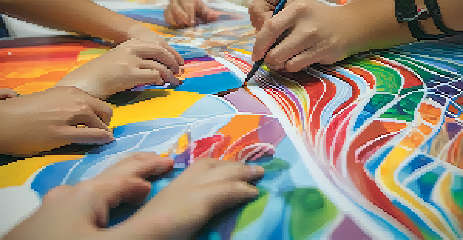 Close-up of a student's hands painting a collaborative mural with vibrant colors and patterns, showcasing teamwork.