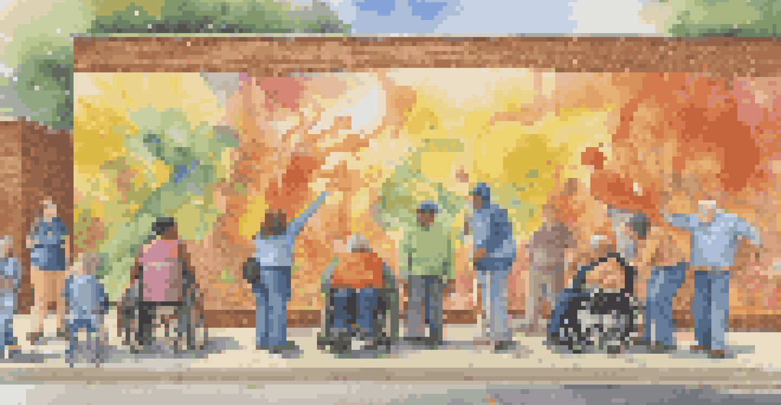 A vibrant public art installation with colorful murals showcasing individuals with disabilities, surrounded by people engaging with the art.