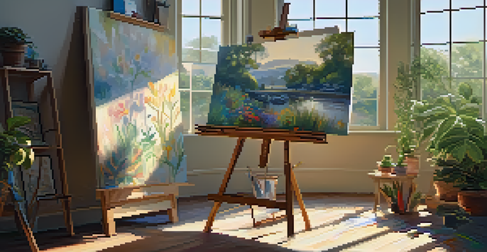 A cozy artist's corner with a wooden easel, paints, and plants, illuminated by natural light.