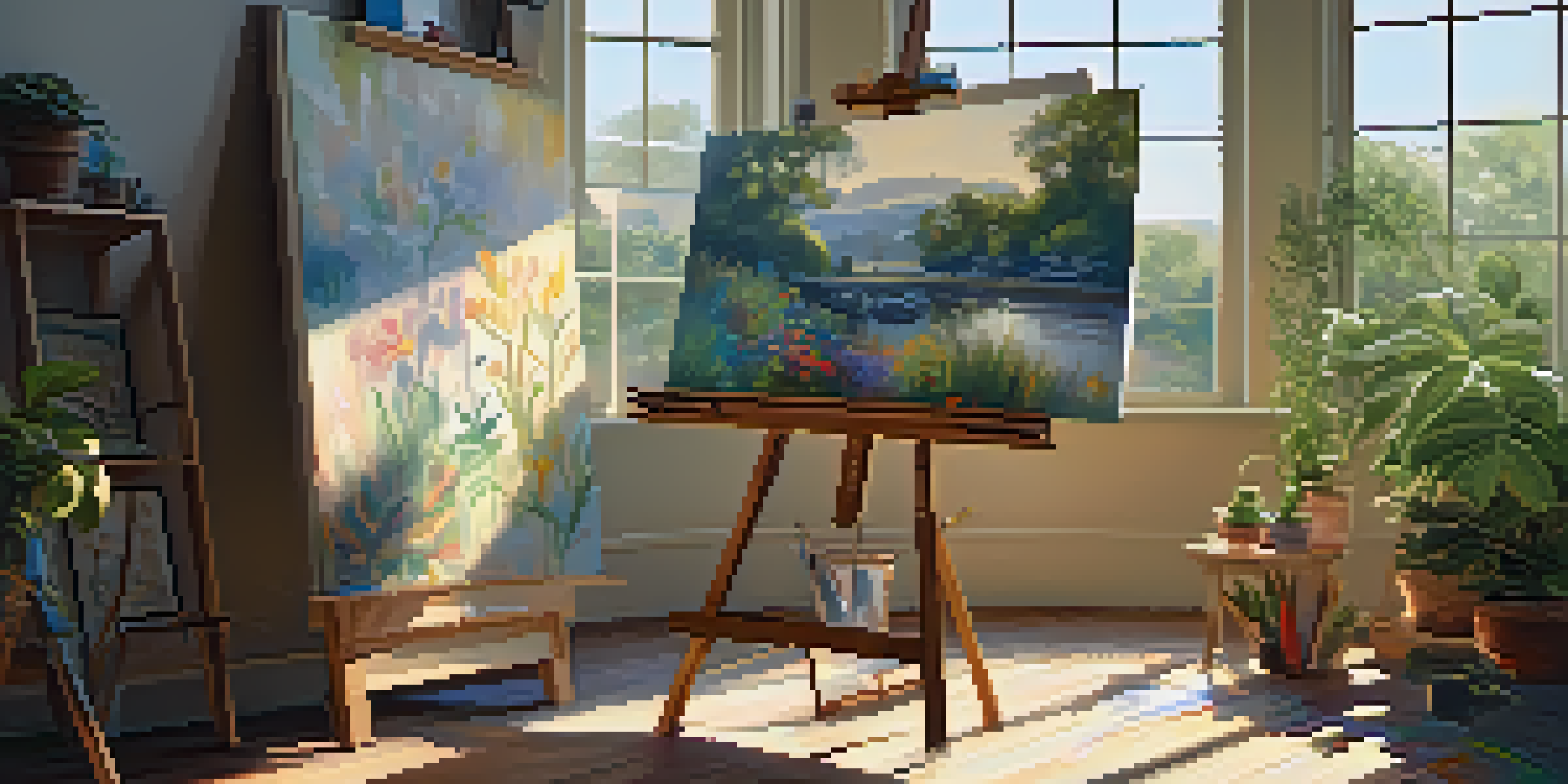 A cozy artist's corner with a wooden easel, paints, and plants, illuminated by natural light.