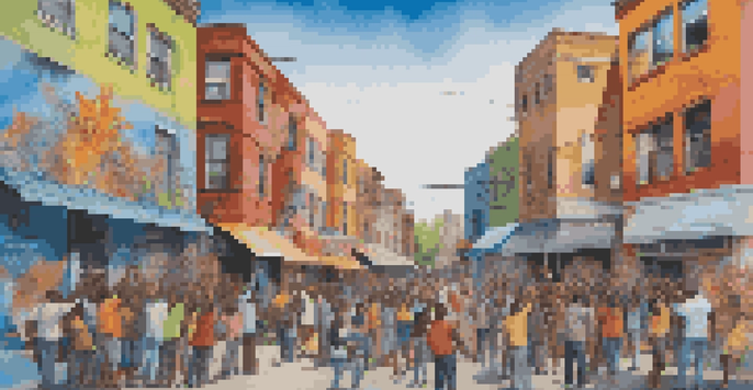 A street mural showing diverse community members creating art together, surrounded by colorful graffiti.