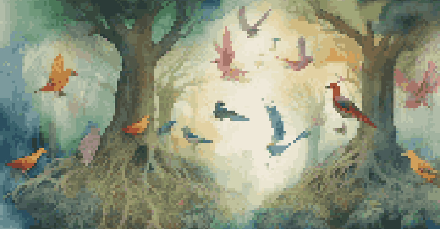 A digital artwork depicting a virtual reality forest symbolizing women's empowerment with trees and colorful birds.