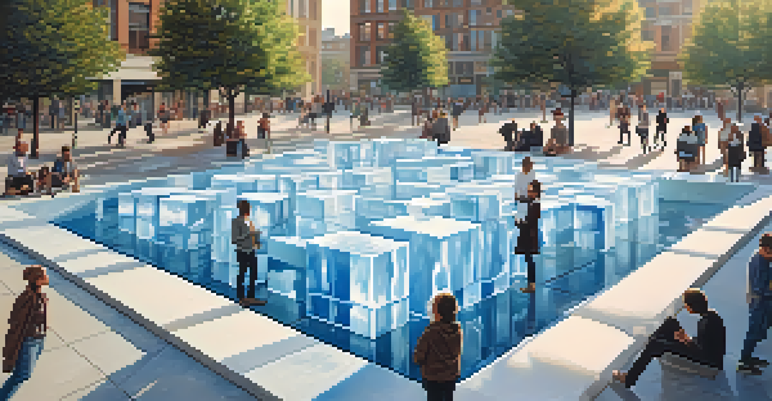 An installation of melting ice blocks in an urban plaza, with people gathered around, engaging in discussions about climate change, illuminated by warm afternoon light.