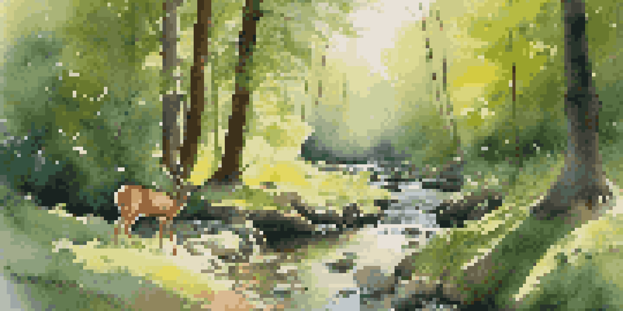 A peaceful forest scene with sunlight filtering through the leaves, a small stream, and a deer grazing.