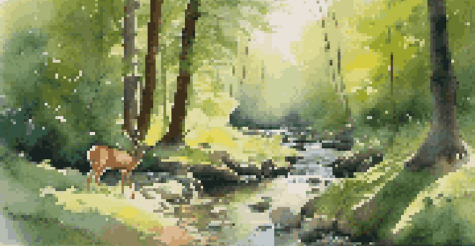 A peaceful forest scene with sunlight filtering through the leaves, a small stream, and a deer grazing.