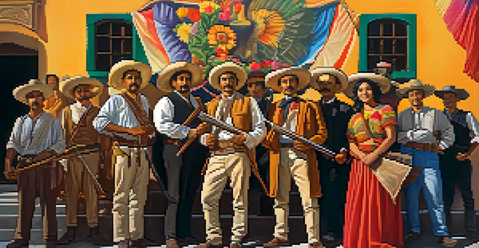 A colorful mural showing people in traditional clothing during the Mexican Revolution, surrounded by flowers and illuminated by sunlight.