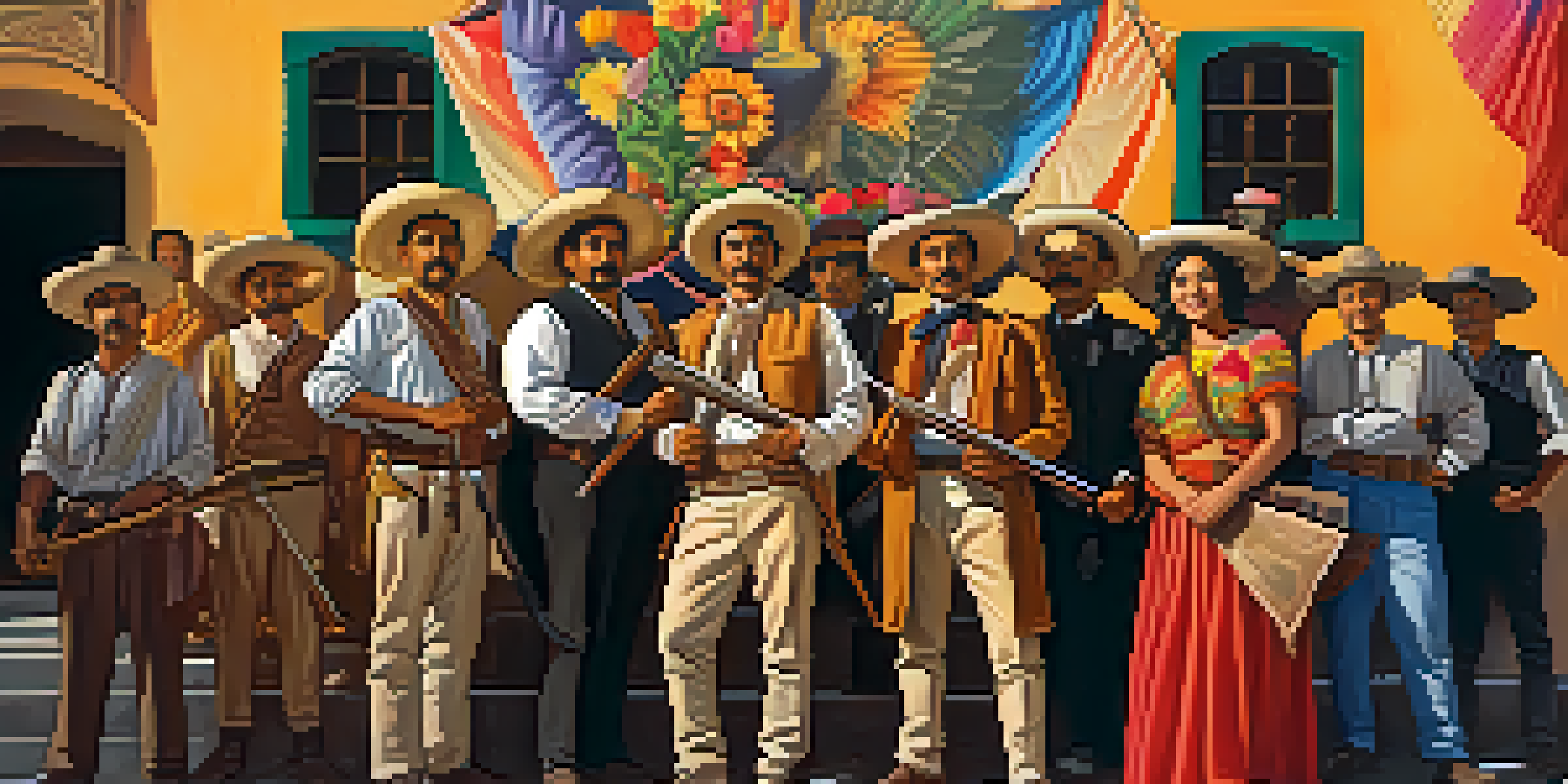 A colorful mural showing people in traditional clothing during the Mexican Revolution, surrounded by flowers and illuminated by sunlight.