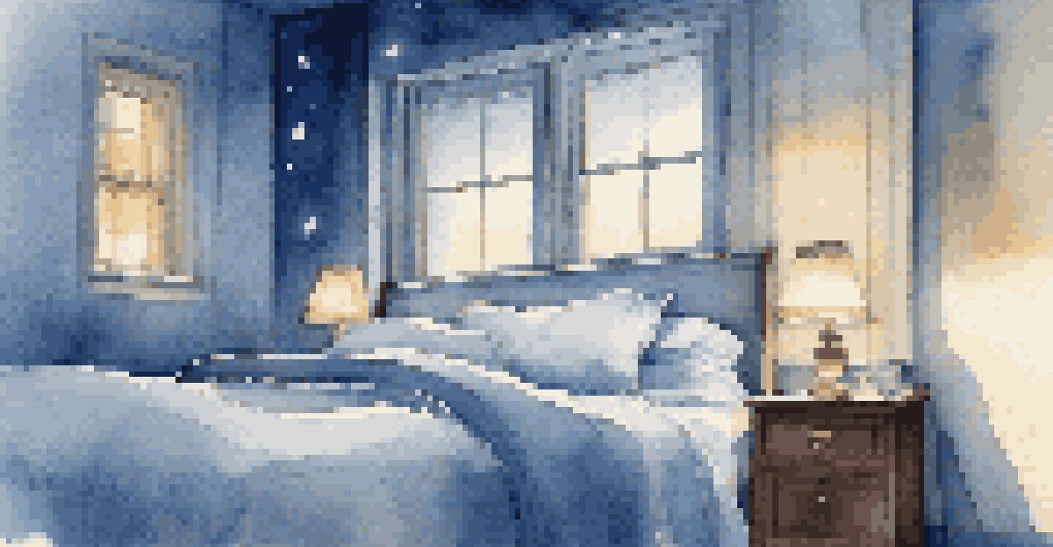 A peaceful bedroom with blue-toned lighting and a view of a starry night sky.