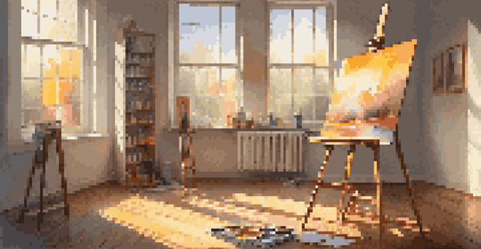 A bright artist's studio with a blank canvas on an easel, surrounded by colorful art supplies and illuminated by sunlight.