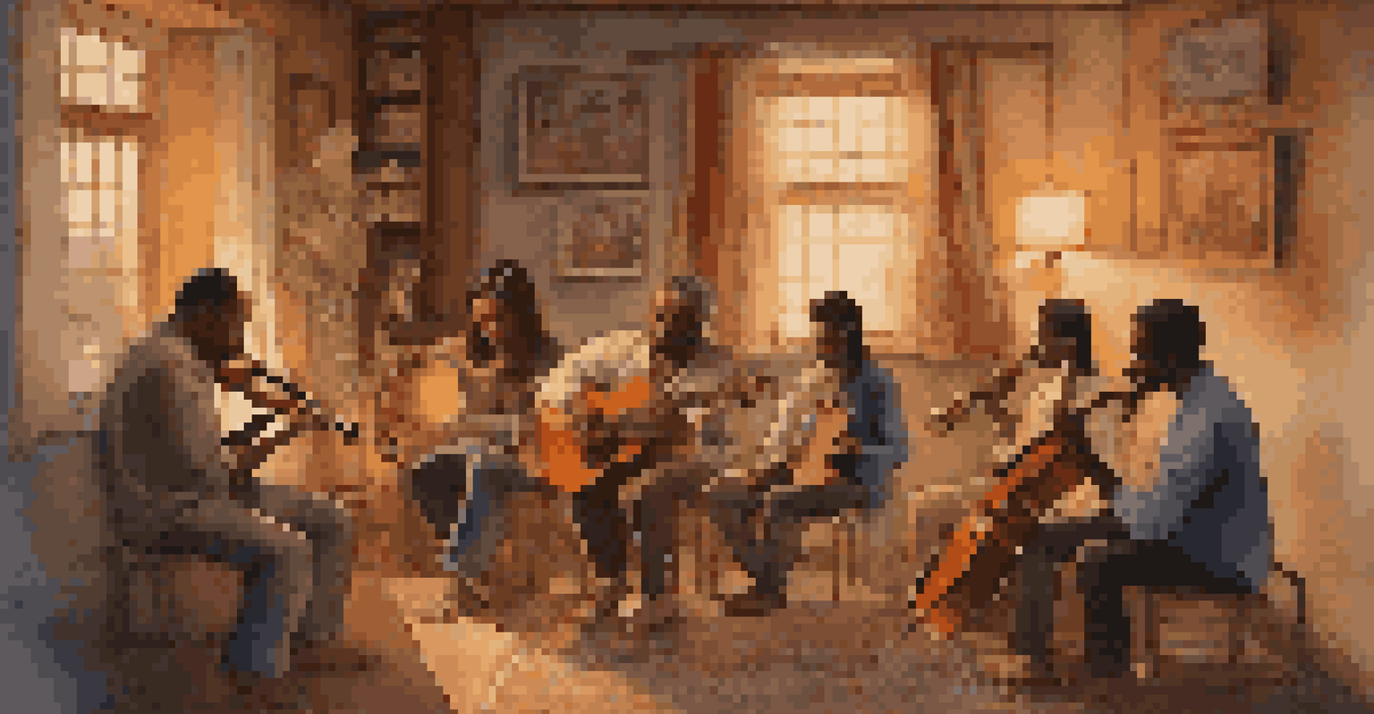 A cozy room filled with musicians playing diverse instruments, promoting cultural exchange.