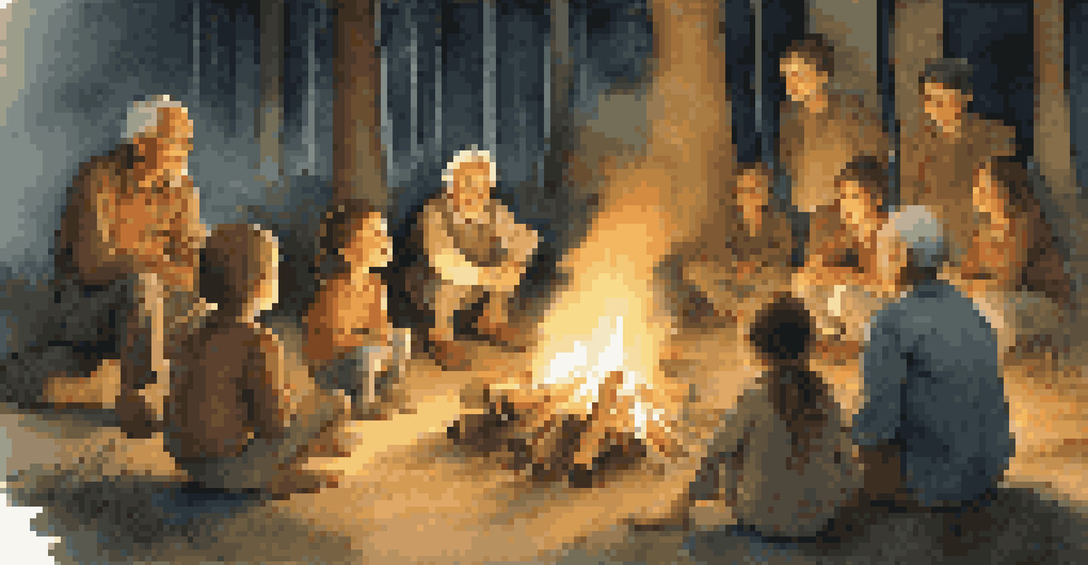 An elderly man telling a folktale to captivated children around a campfire, with warm firelight illuminating their faces in a forest setting at dusk.