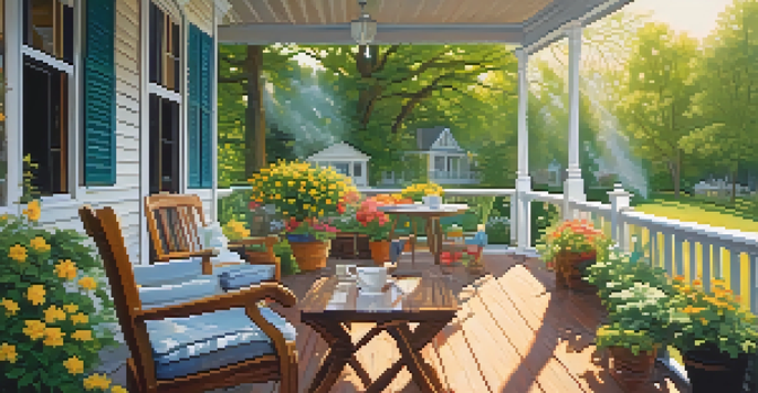 A peaceful suburban porch with a cup of coffee, surrounded by blooming flowers and soft sunlight filtering through the leaves.