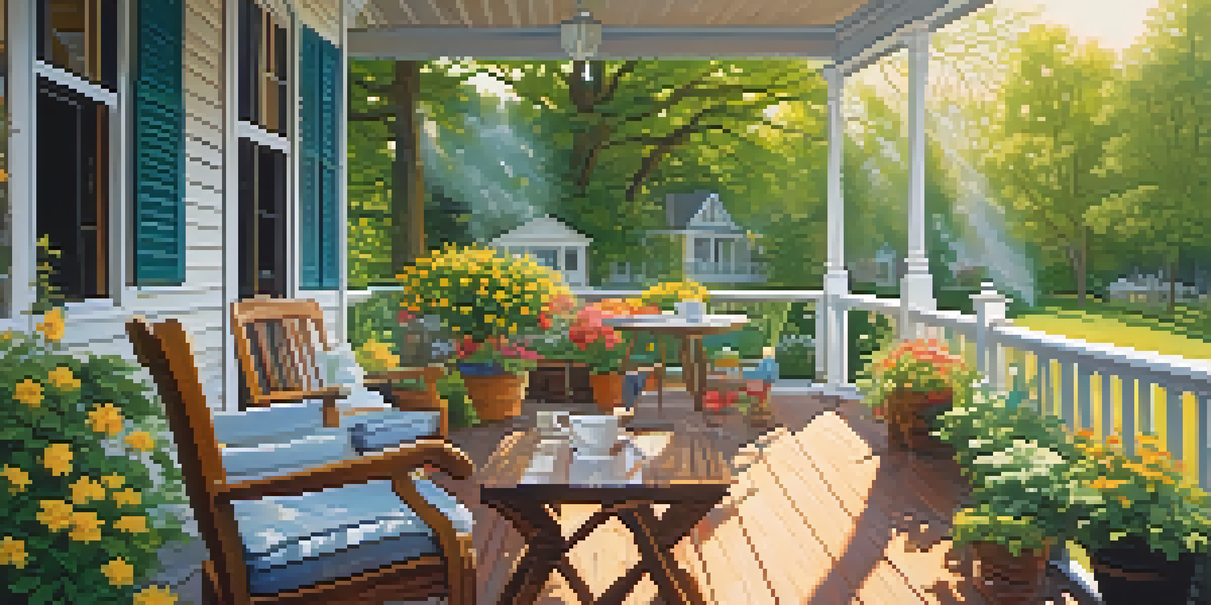 A peaceful suburban porch with a cup of coffee, surrounded by blooming flowers and soft sunlight filtering through the leaves.