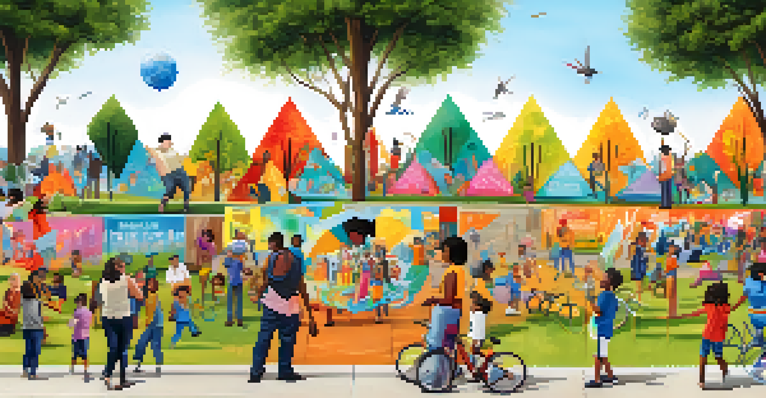 A diverse group of people working together on a large mural in a park, celebrating creativity and community.