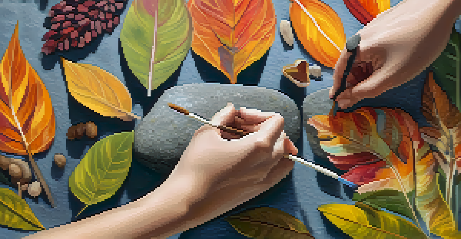 Close-up of hands painting a rock and arranging leaves on a canvas, with a blurred natural background.