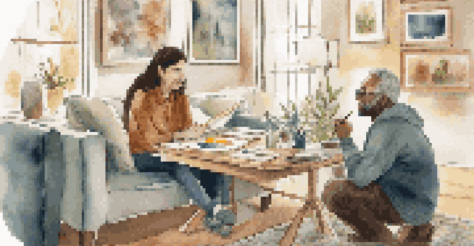 An art therapist guiding a client in a cozy room filled with art supplies, fostering emotional expression through drawing.