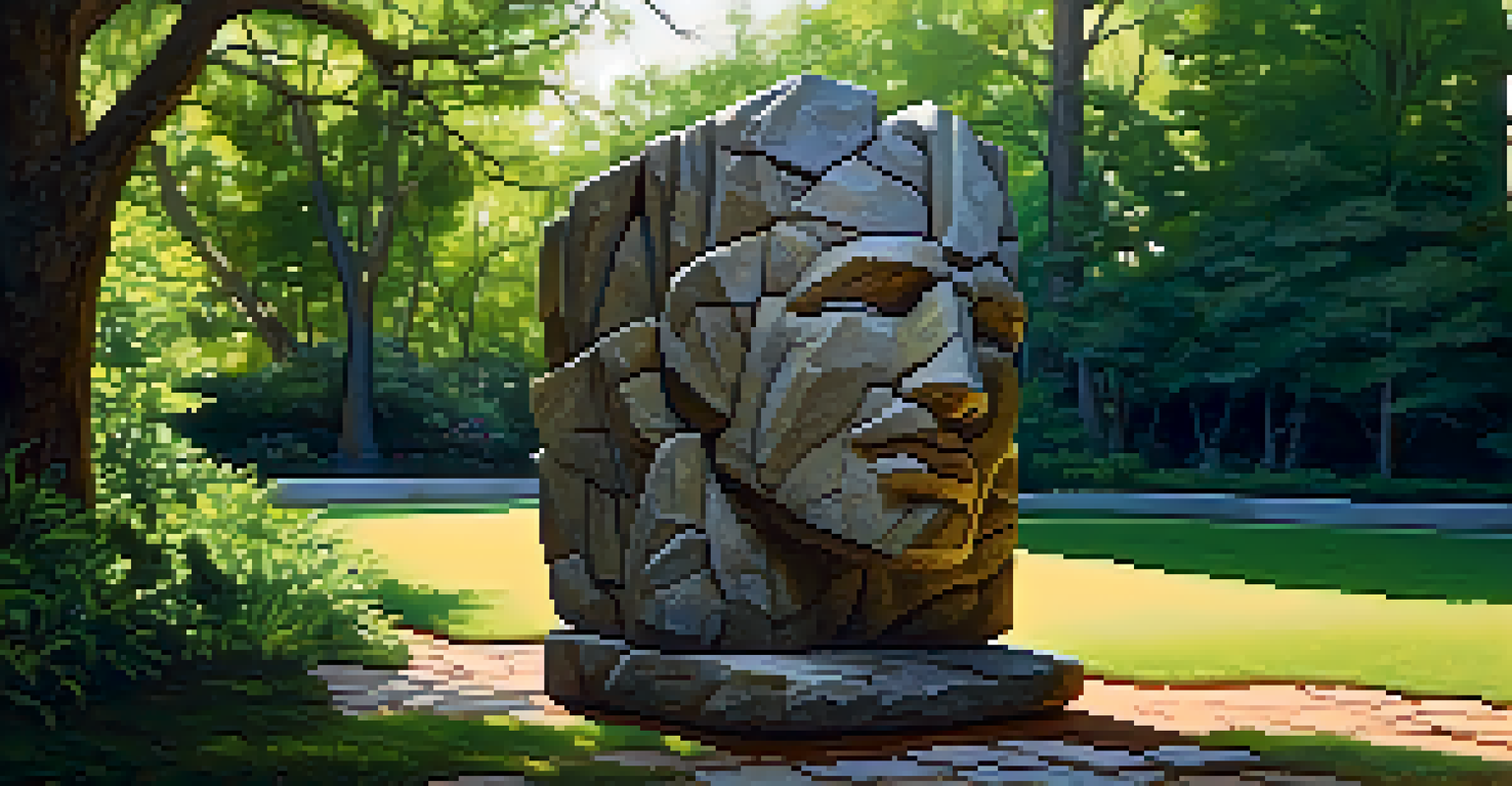 A rugged stone sculpture set in a green outdoor environment, showing rough textures and light highlights.