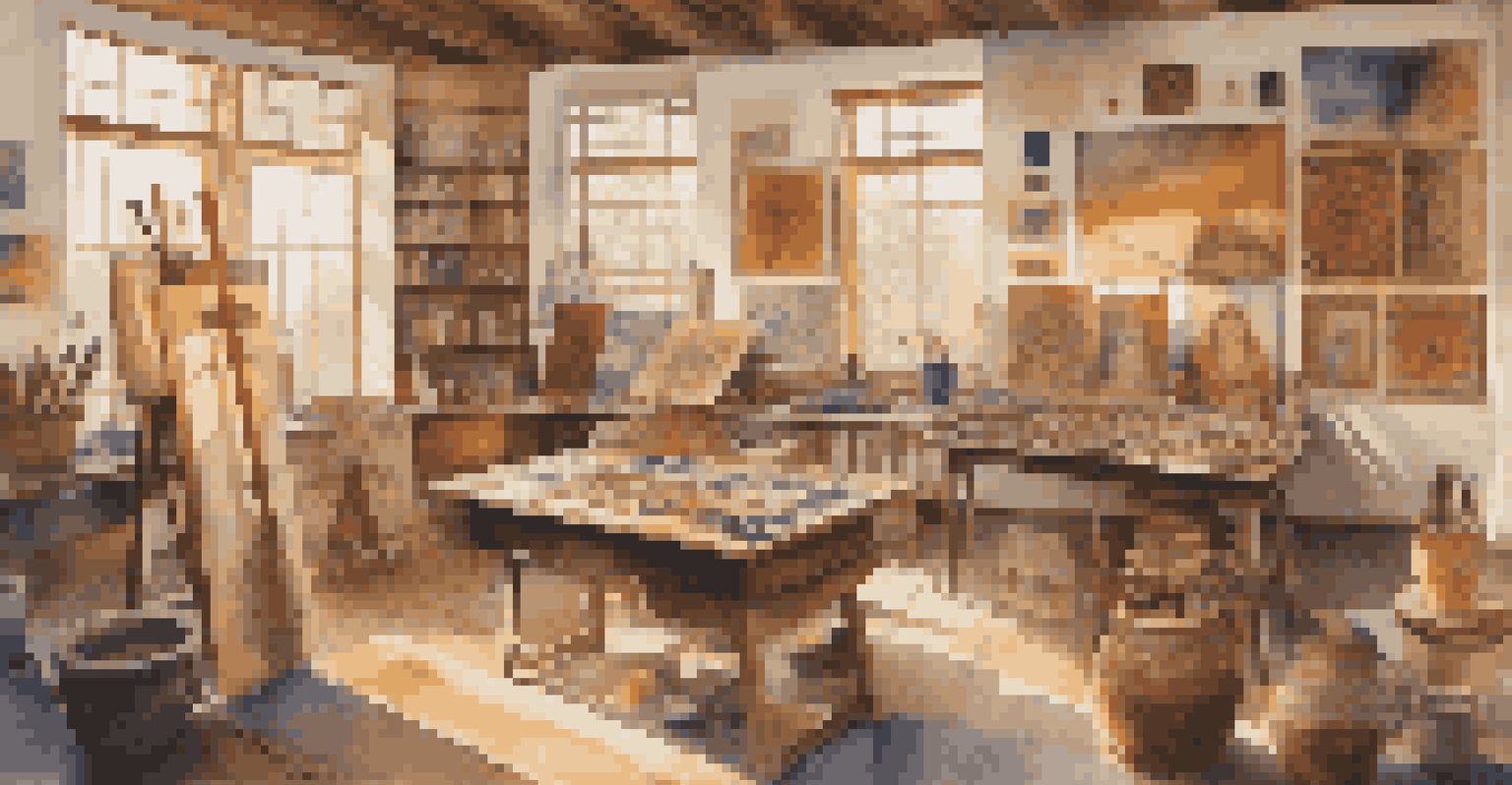 An artist's studio with canvases featuring diverse cultural artworks, illuminated by warm sunlight, with art supplies scattered around.