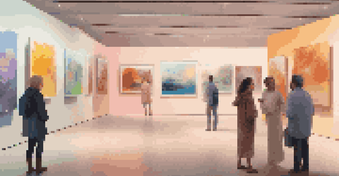 A virtual art gallery with colorful paintings, featuring diverse artists interacting in a bright environment with warm lighting.