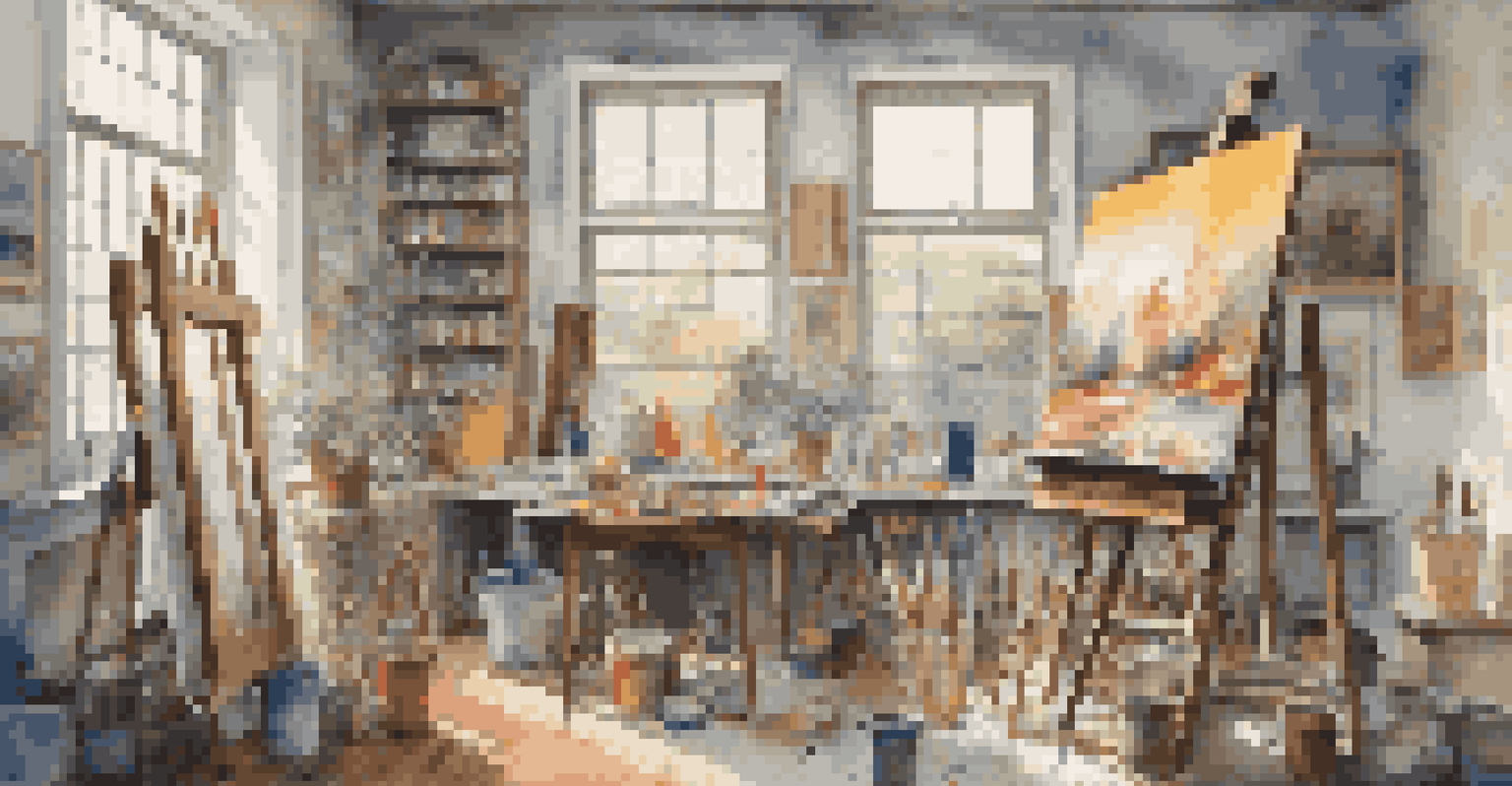 An artist's studio with canvases, bright colors, and natural light illuminating a painting.
