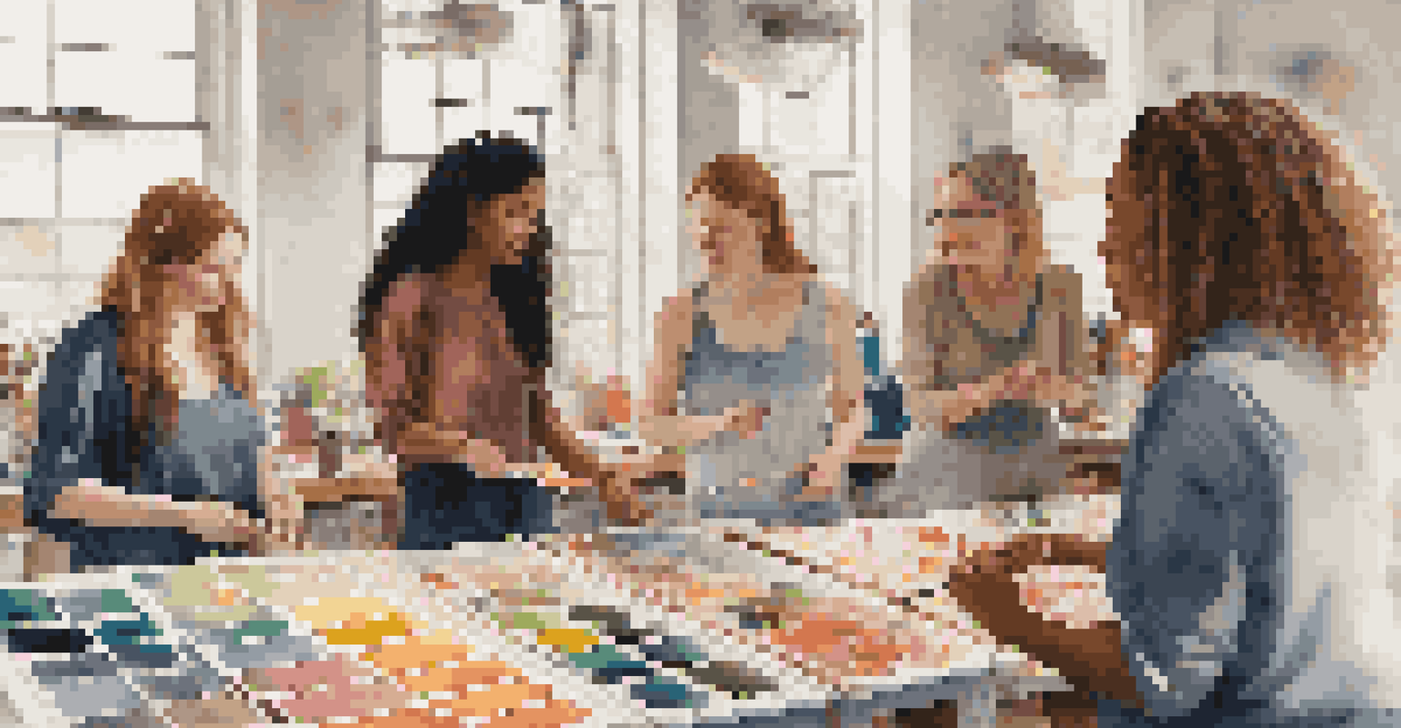 A diverse group of women artists engaging in discussion in a colorful art studio, surrounded by their projects and natural light streaming in.