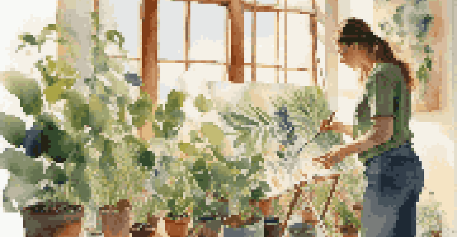An artist painting a large canvas depicting hands reaching out in a sunlit studio filled with plants.