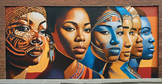 A colorful street mural depicting diverse faces and cultural symbols, bathed in warm sunlight against a brick wall.
