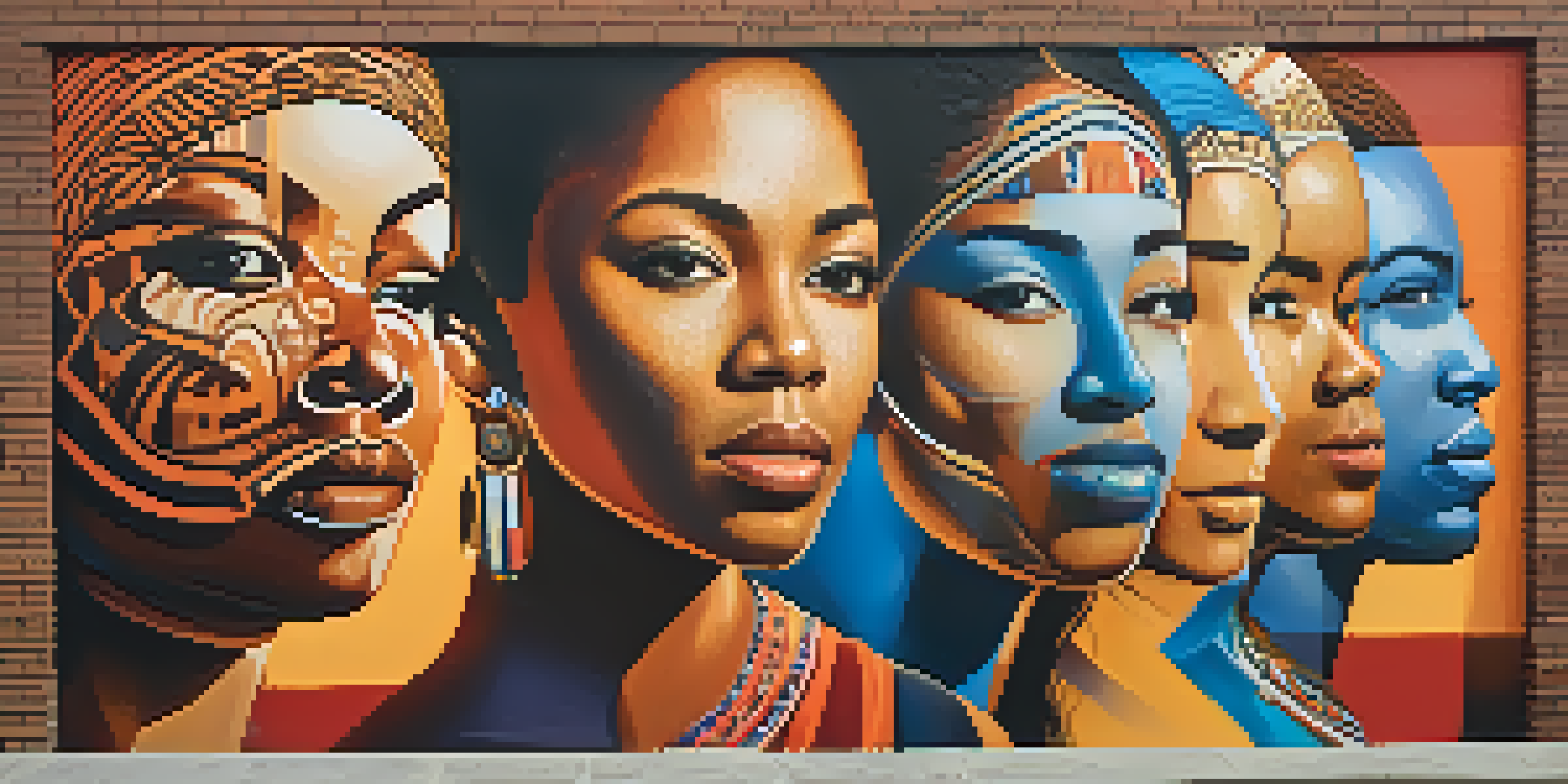 A colorful street mural depicting diverse faces and cultural symbols, bathed in warm sunlight against a brick wall.