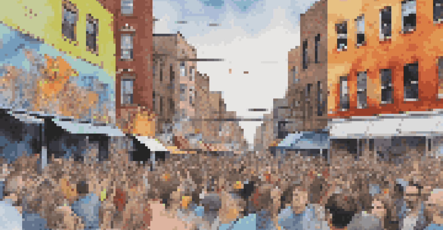 A performer on a busy city street engaging with an audience, surrounded by urban art and sounds.