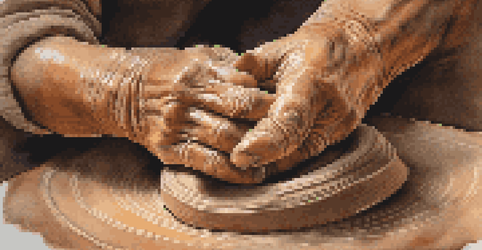 A potter's hands shaping clay on a wheel, showcasing detailed textures and tools in warm ambient light.