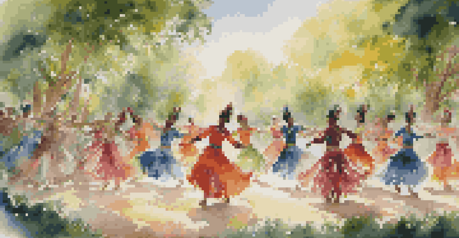 Traditional dancers in colorful costumes performing outdoors with a natural background.
