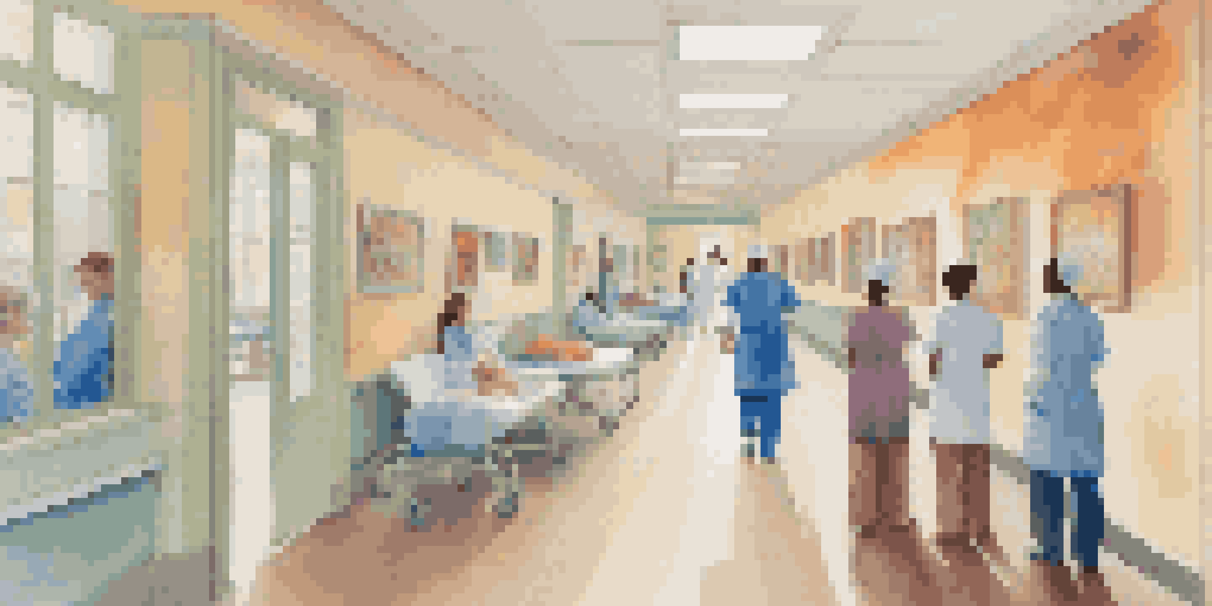 A hospital corridor filled with colorful artwork and healthcare professionals appreciating the art.