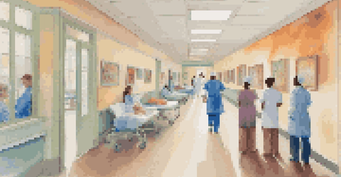 A hospital corridor filled with colorful artwork and healthcare professionals appreciating the art.