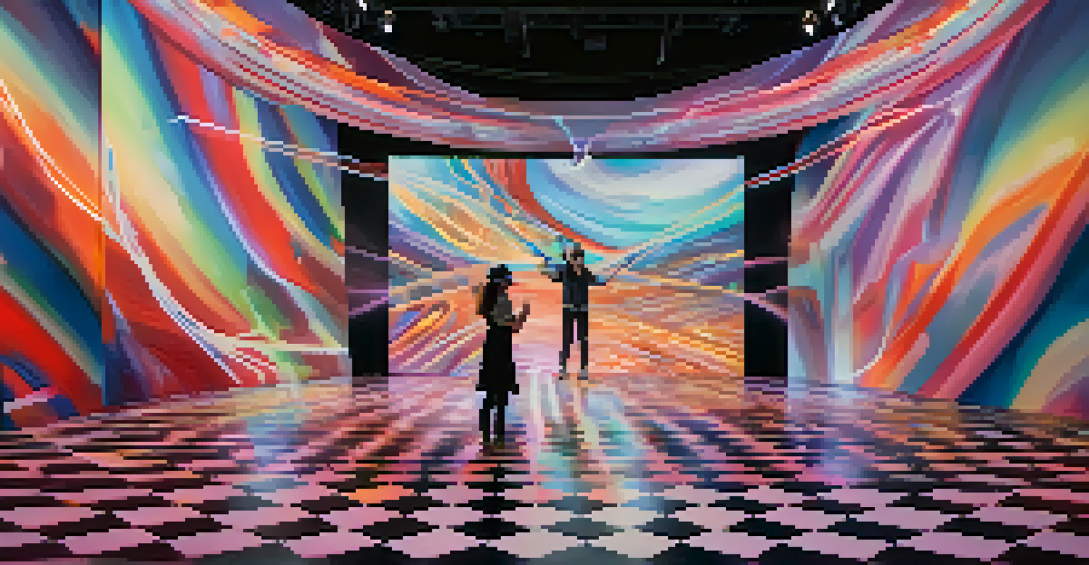 A virtual reality performance art installation with a dancer in a headset, surrounded by swirling colors and geometric patterns in a futuristic setting.