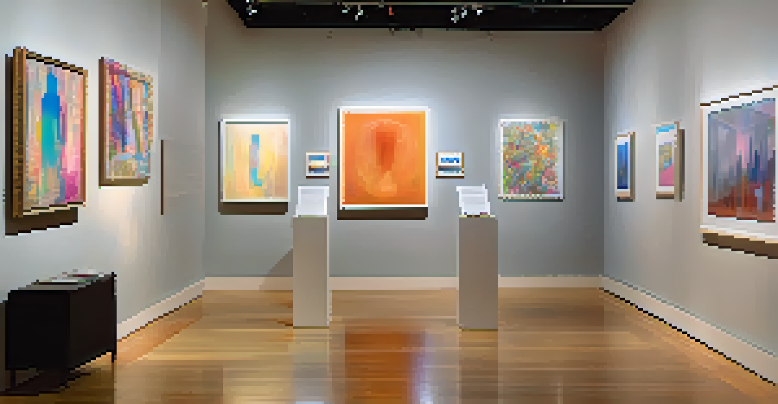 An art gallery showcasing works by transgender artists, with visitors engaging and discussing the art.